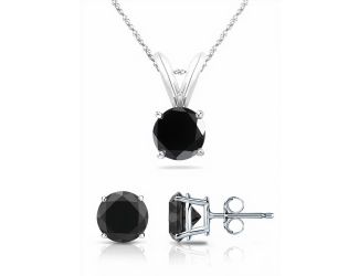 PARIKHS Black Round AAA Quality Diamond Pendant-Earring Set in 14K White Gold, 0.80ct