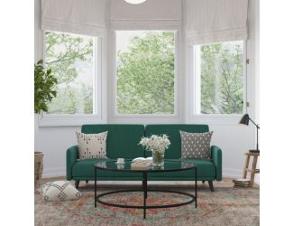 Convertible Split Back Futon Sofa Sleeper with Wooden Legs in Navy Velvet