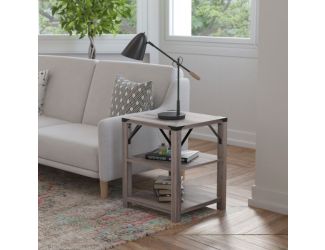 3-Tier Side Table with Black Metal Side Braces and Corner Caps - Rustic Oak