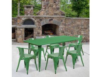 31.5" x 63" Rectangular Green Metal Indoor-Outdoor Table Set with 6 Arm Chairs