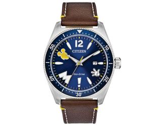 Vintage Mickey Mouse Eco-Drive Watch, Brown Strap with Blue Dial and Yellow Accents