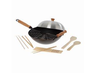 Joyce Chen - Professional Series 14 in Carbon Steel Excalibur Nonstick Flat Wok Set, 10 Pieces