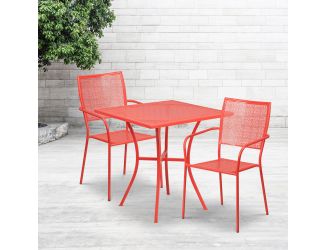 28" Square Coral Indoor-Outdoor Steel Patio Table Set with 2 Square Back Chairs