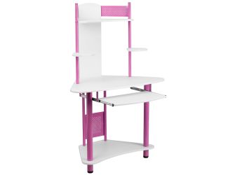 Pink Corner Computer Desk with Integrated Hutch and Pull-Out Keyboard Platform