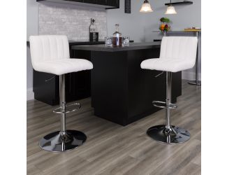 White Vinyl Adjustable Barstool with Vertical Stitch Back/Seat and Chrome Base