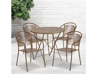 30" Round Gold Indoor-Outdoor Steel Folding Patio Table Set with 4 Chairs