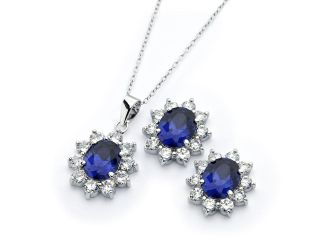 PARIKHS Rhodium Plated Clear Cluster Blue Cluster Flower CZ Necklace-Stud Set in 925 Sterling Silver