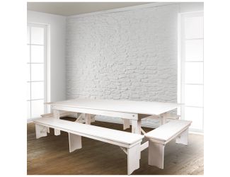 5 Piece Set-9' x 40" Antique Rustic White Folding Farm Table and Four Bench Set
