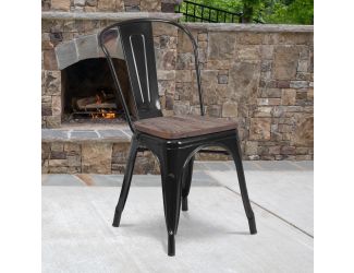 Black Metal Stackable Chair with Wood Seat - Restaurant Chair - Bistro Chair