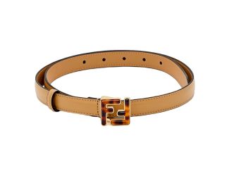 Fendi FF Skinny Tan Brown Leather Belt Tortoise Shell Buckle 95