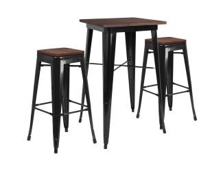 23.5" Square Black Metal Bar Table Set with Wood Top and 2 Backless Stools