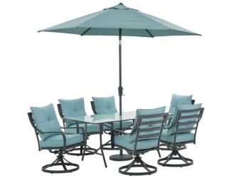 Lavallette 7-Piece Dining Set in Ocean Blue with 6 Swivel Rockers, 66" x 38" Glass-Top Table, Umbrel
