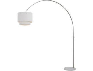 Arched Floor Lamp in Brushed Nickel with Adjustable Height/Width, White Marble Base, and 2-Tiered Fa