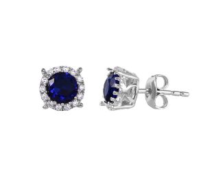 PARIKHS Rhodium Plated Halo Studs with Blue CZ Stone in 925 Sterling Silver