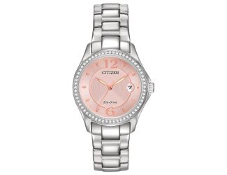 Ladies'' Silhouette Crystal Eco-Drive Watch, Stainless Steel with Pink Dial