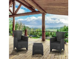 Dark Gray Faux Rattan Plastic Chair Set with Matching Side Table - Patio Set