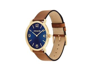 Mens' Elliot Gold & Brown Leather Strap Watch Navy Dial