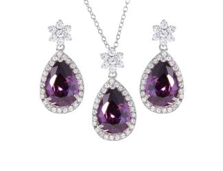 PARIKHS Rhodium Plated Purple Pear Shapped Necklace-Earring Set in 925 Sterling Silver
