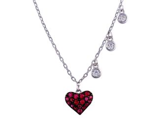 PARIKHS Rhodium Plated Dark Pink CZ Heart Necklace in 925 Sterling Silver