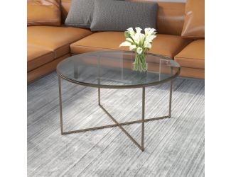 Clear Glass Living Room Coffee Table with Crisscross Brushed Gold Metal Frame