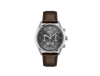 Mens Champion Silver & Brown Leather Strap Watch Gray Dial