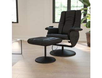Massaging and Heat Controlled Recliner & Ottoman Set in Black LeatherSoft