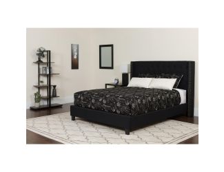 Full Size Tufted Black Fabric Platform Bed with Accent Nail Trim & Mattress