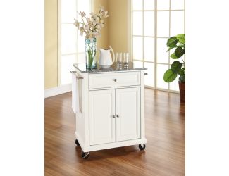 Solid Granite Top Portable Kitchen Cart in White Finish