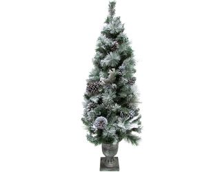 4-Ft. Christmas Snow Flocked Porch Tree with Oversized Pinecones in Ornamental Pot