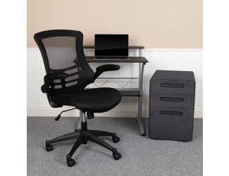 3PC Office Set-Black Computer Desk, Ergonomic Mesh Office Chair, Filing Cabinet