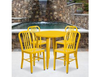 30" Round Yellow Metal Indoor-Outdoor Table Set with 4 Vertical Slat Back Chairs