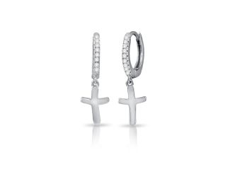 PARIKHS Rhodium Plated CZ huggie hoop Cross Earring in 925 Sterling Silver