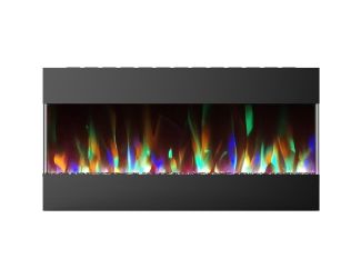 42 In. Recessed Wall Mounted Electric Fireplace with Crystal and LED Color Changing Display, Black