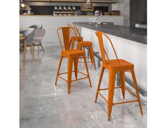 24" High Distressed Orange Metal Indoor-Outdoor Counter Height Stool with Back
