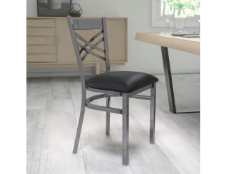 Clear Coated "X" Back Metal Restaurant Chair - Black Vinyl Seat