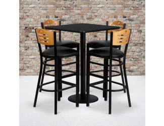 30" Square Black Laminate Table Set with 4 Metal Barstools - Black Vinyl Seat