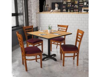 Ladder Back Cherry Wood Restaurant Chair - Burgundy Vinyl Seat