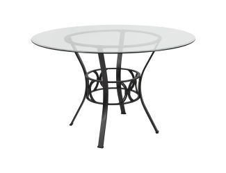48" Round Glass Dining Table with Crescent Style Black Metal Frame