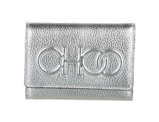 Jimmy Choo Loni Silver Leather Embossed Logo Tri-Fold Card Case Wallet