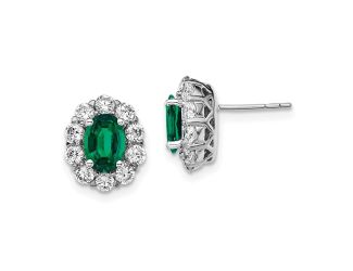 14K White Gold Lab Grown Diamond and Oval Created Emerald Fashion Earrings