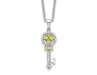 Sterling Silver 14k Accent Peridot and Diamond Key 18inch Necklace