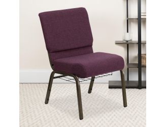 21"W Church Chair in Plum Fabric with Cup Book Rack - Gold Vein Frame