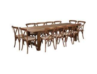 9' x 40" Rustic Folding Farm Table Set with 12 Cross Back Chairs and Cushions