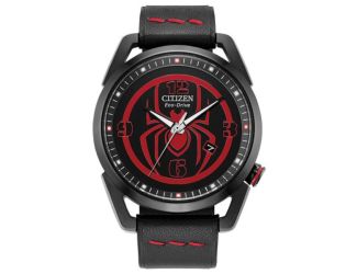 Men's Miles Morales Eco-Drive Black Leather Strap Black Dial
