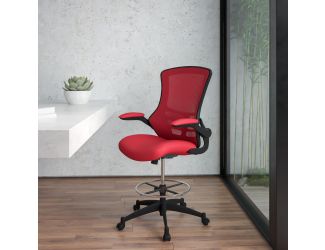 Mid-Back Red Mesh Ergonomic Drafting Chair with Foot Ring and Flip-Up Arms