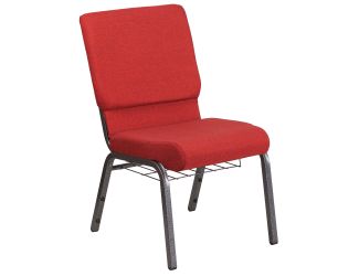 18.5"W Church Chair in Red Fabric with Cup Book Rack - Silver Vein Frame