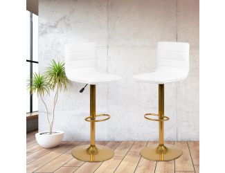 2PK White Vinyl Adjustable Height Barstool w/ Horizontal Stitch Back & Gold Base
