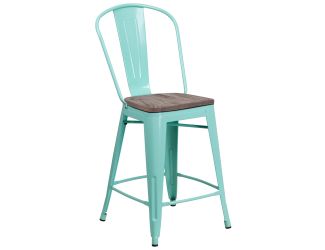 24" High Mint Green Metal Counter Height Stool with Back and Wood Seat