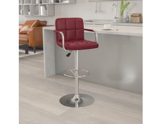 Burgundy Quilted Vinyl Adjustable Height Barstool with Arms and Chrome Base