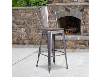 30" High Clear Coated Barstool with Back and Wood Seat